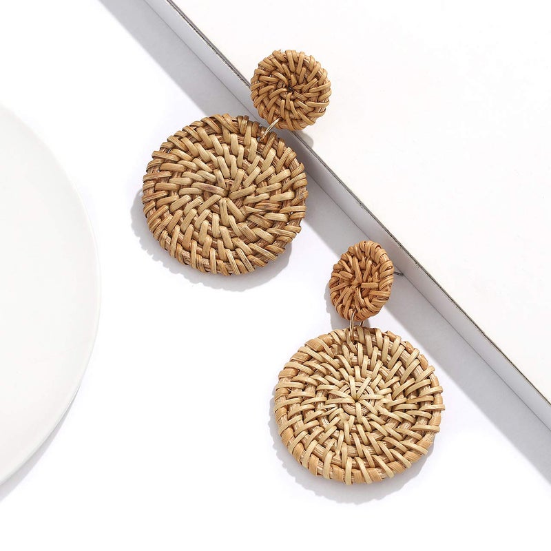 YAHPERN Rattan Earrings for Women Handmade Lightweight Wicker Straw Stud Earrings Statement Weaving Braid Drop Dangle Earring (Dark Rattan Disk) - Image 5